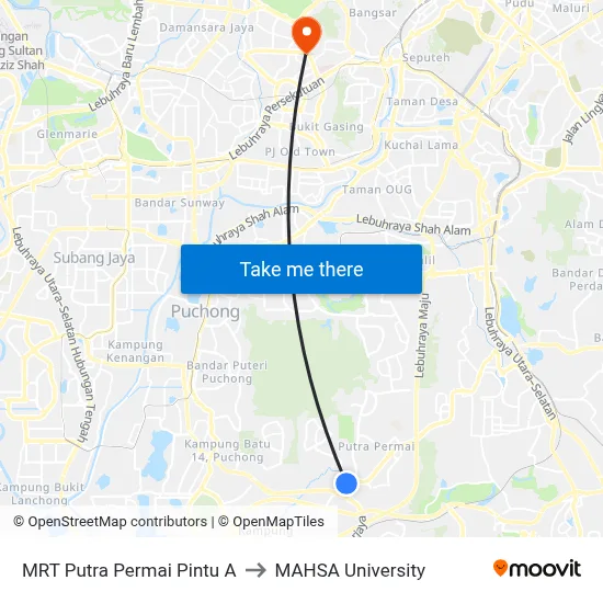 MRT Putra Permai Pintu A to MAHSA University map