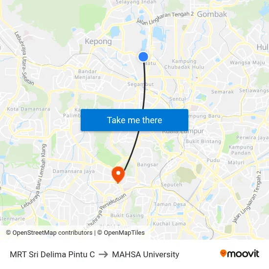 MRT Sri Delima Pintu C to MAHSA University map