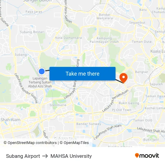 Subang Airport to MAHSA University map