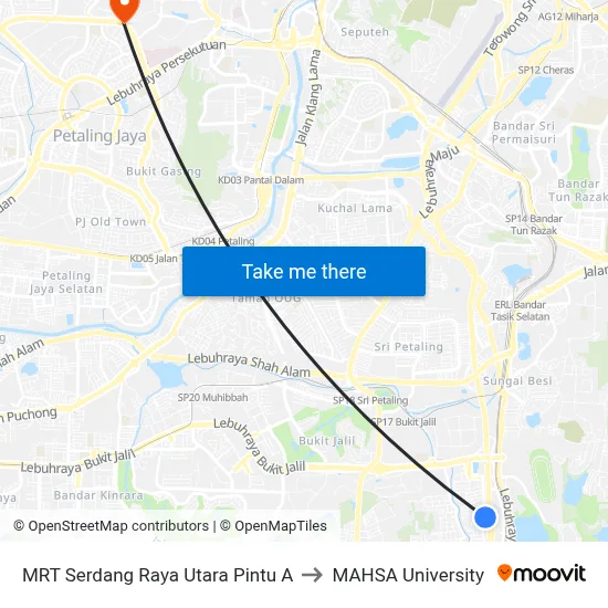 MRT Serdang Raya Utara Pintu A to MAHSA University map