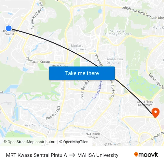 MRT Kwasa Sentral Pintu A to MAHSA University map