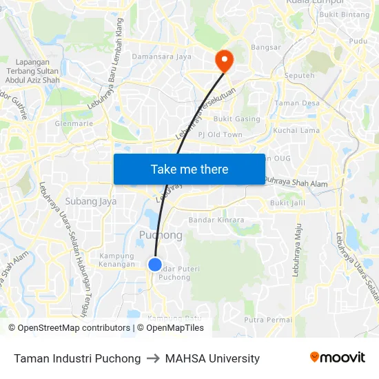 Taman Industri Puchong to MAHSA University map