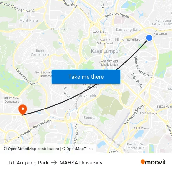 LRT Ampang Park to MAHSA University map