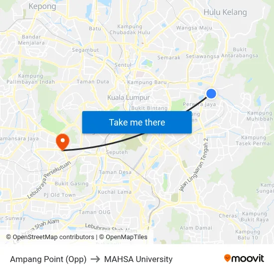 Ampang Point (Opp) to MAHSA University map