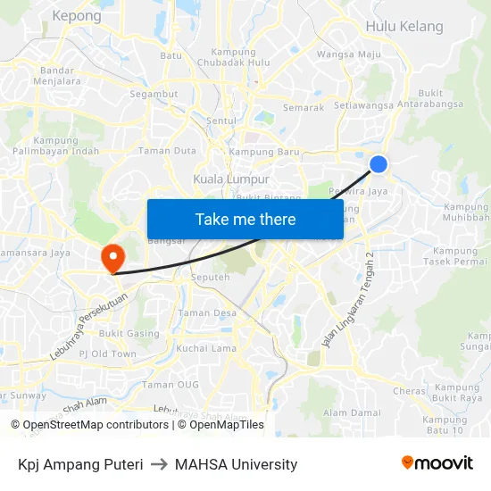 Kpj Ampang Puteri to MAHSA University map