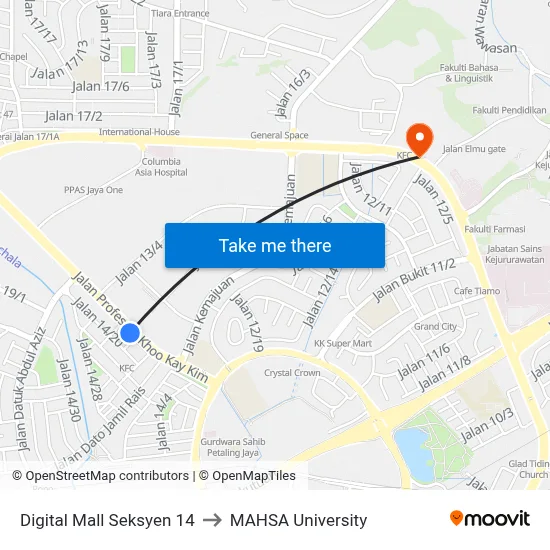Digital Mall Seksyen 14 to MAHSA University map