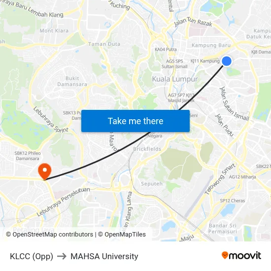 KLCC (Opp) to MAHSA University map