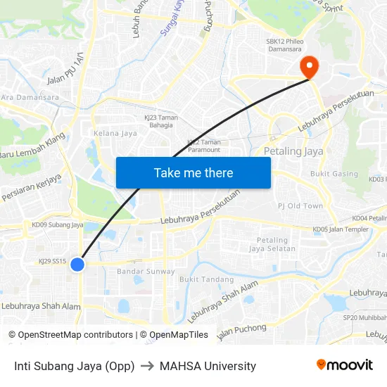 Inti Subang Jaya (Opp) to MAHSA University map