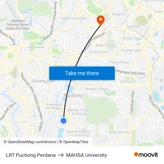 LRT Puchong Perdana to MAHSA University map