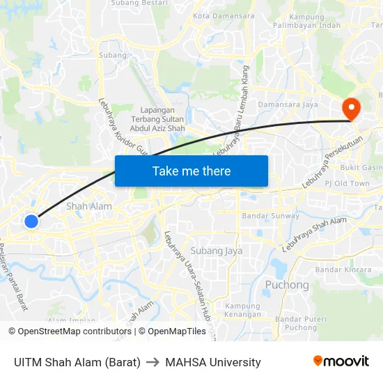 UITM Shah Alam (Barat) to MAHSA University map