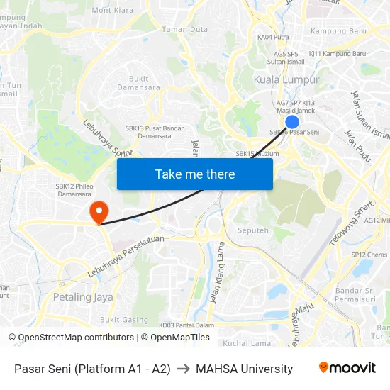 Pasar Seni (Platform A1 - A2) to MAHSA University map