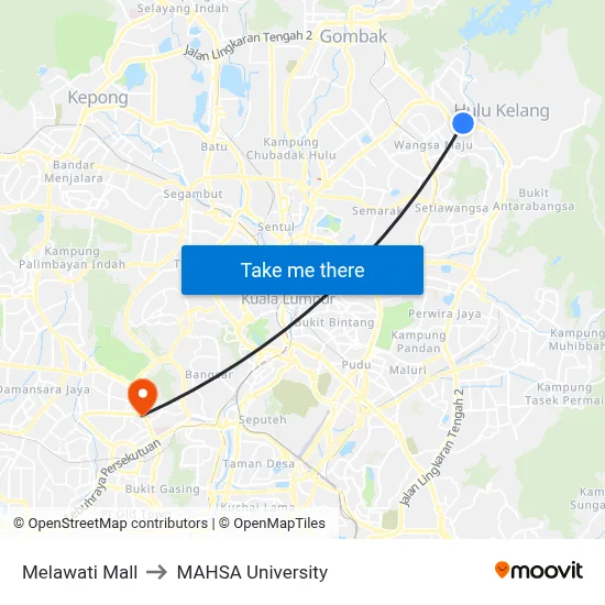 Melawati Mall to MAHSA University map