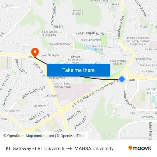 KL Gateway - LRT Universiti to MAHSA University map