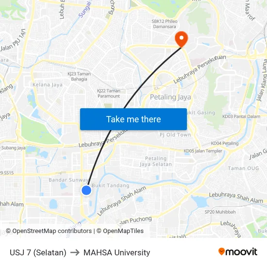 USJ 7 (Selatan) to MAHSA University map