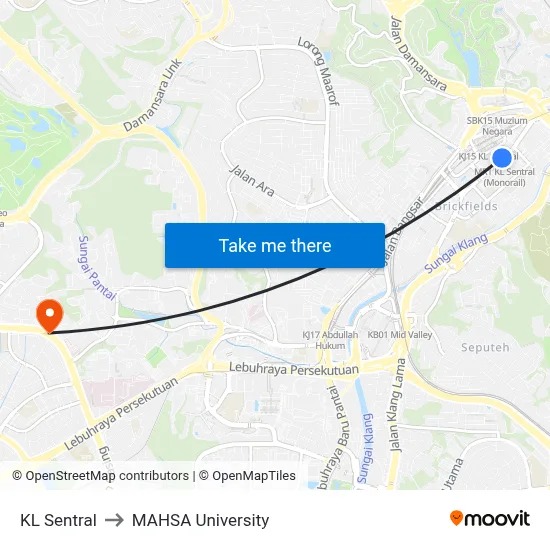 KL Sentral to MAHSA University map