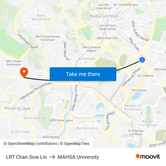LRT Chan Sow Lin to MAHSA University map