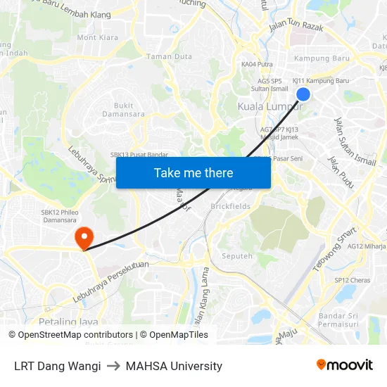 LRT Dang Wangi to MAHSA University map