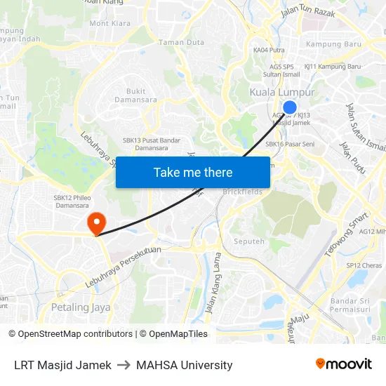 LRT Masjid Jamek to MAHSA University map