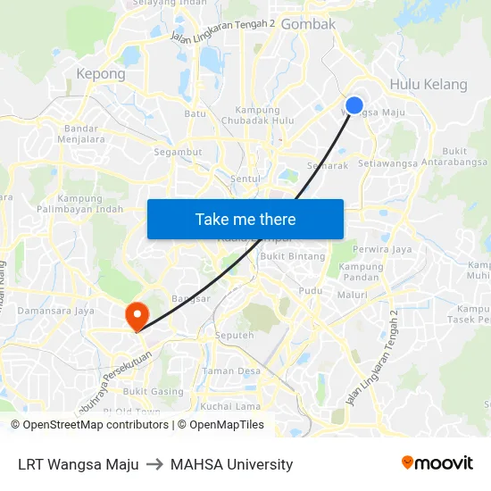 LRT Wangsa Maju to MAHSA University map