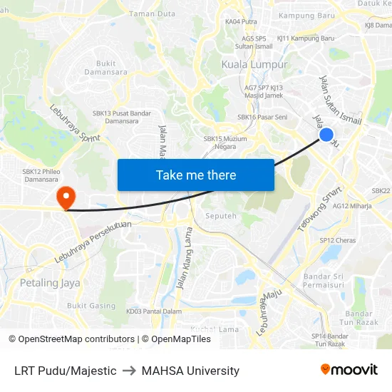 LRT Pudu/Majestic to MAHSA University map