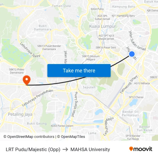 LRT Pudu/Majestic (Opp) to MAHSA University map