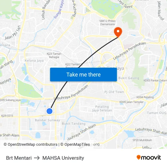 Brt Mentari to MAHSA University map