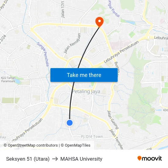 Seksyen 51 (Utara) to MAHSA University map