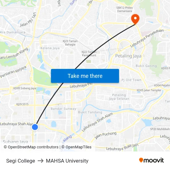 Segi College to MAHSA University map