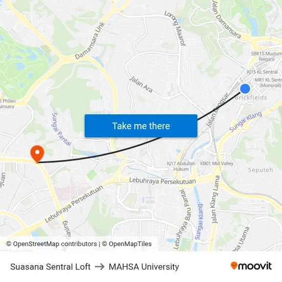 Suasana Sentral Loft to MAHSA University map