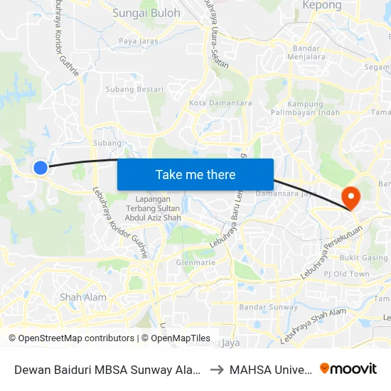 Dewan Baiduri MBSA Sunway Alam Suria to MAHSA University map