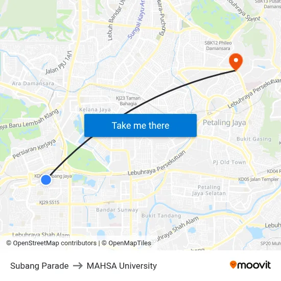 Subang Parade to MAHSA University map