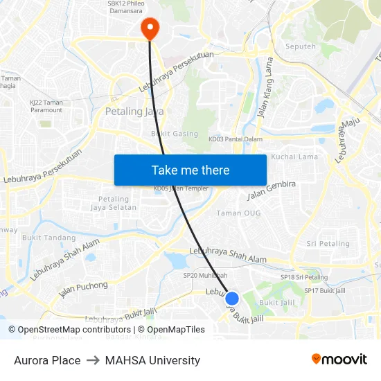 Aurora Place to MAHSA University map