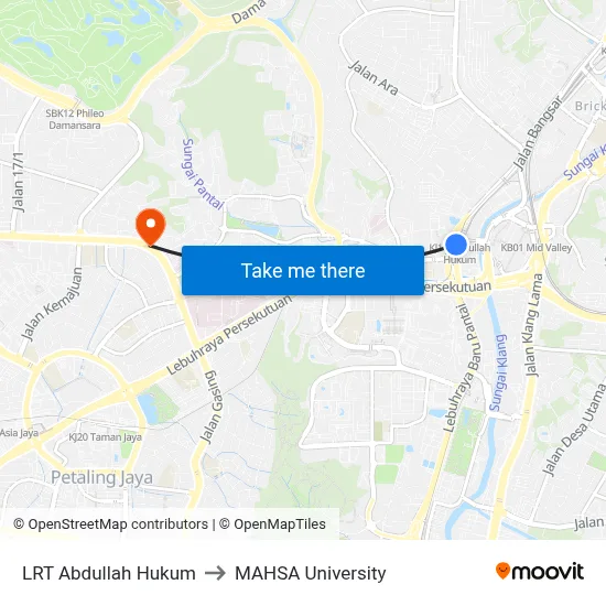 LRT Abdullah Hukum to MAHSA University map