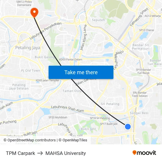 TPM Carpark to MAHSA University map