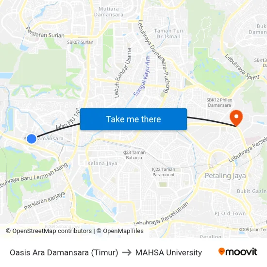 Oasis Ara Damansara (Timur) to MAHSA University map