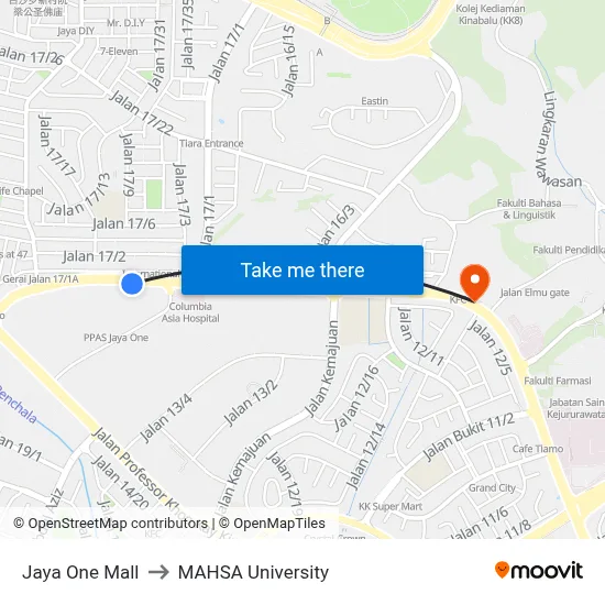 Jaya One Mall to MAHSA University map
