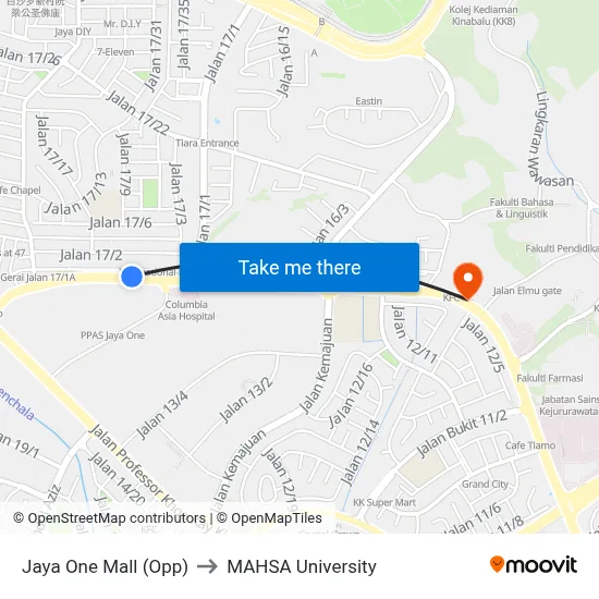 Jaya One Mall (Opp) to MAHSA University map