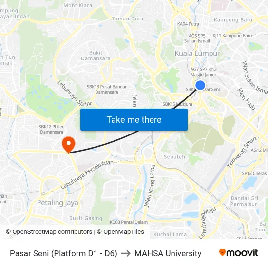 Pasar Seni (Platform D1 - D6) to MAHSA University map