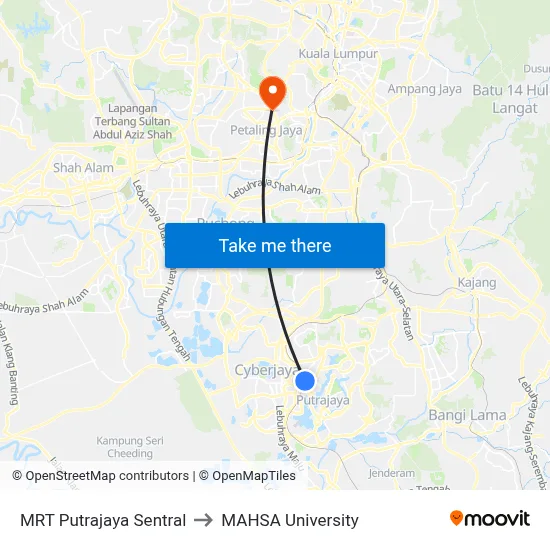MRT Putrajaya Sentral to MAHSA University map