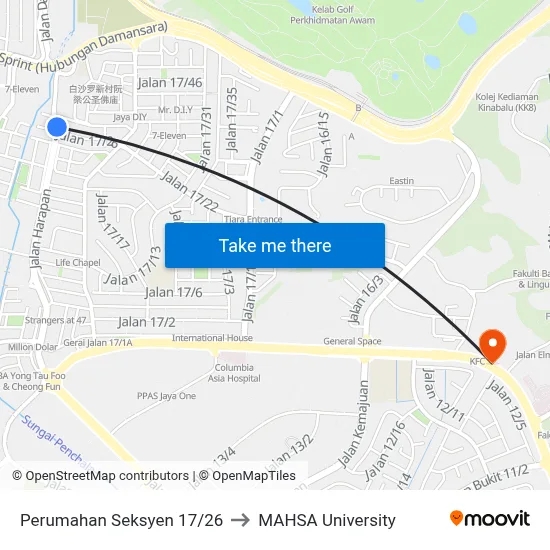 Perumahan Seksyen 17/26 to MAHSA University map