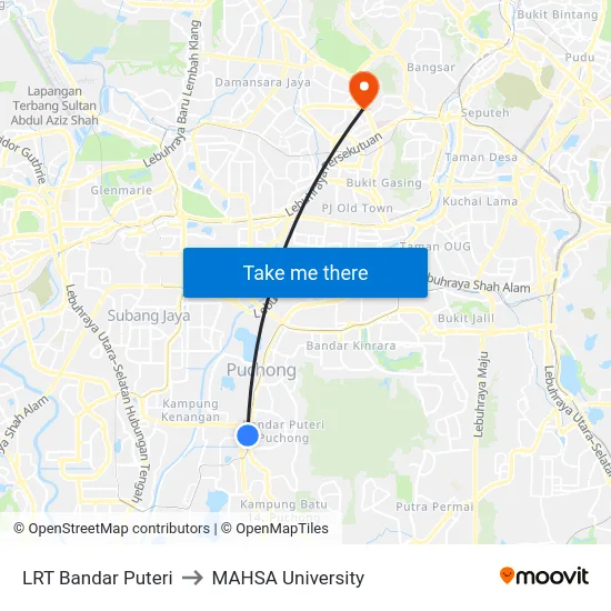 LRT Bandar Puteri to MAHSA University map