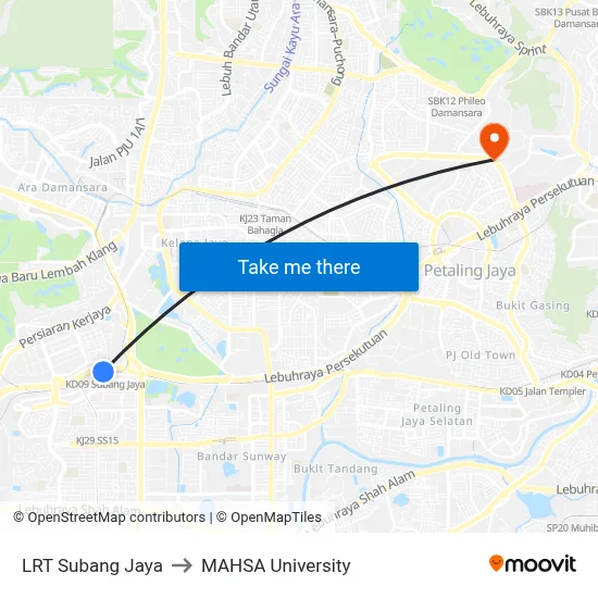 LRT Subang Jaya to MAHSA University map