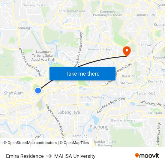 Emira Residence to MAHSA University map