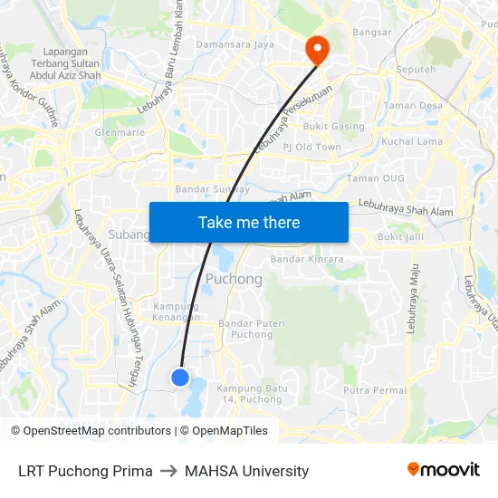 LRT Puchong Prima to MAHSA University map