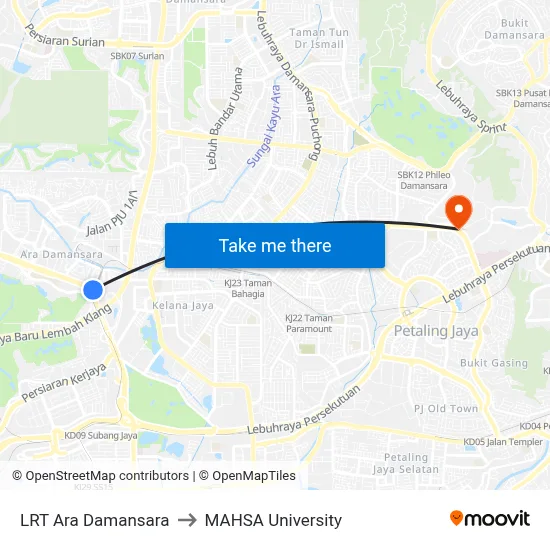 LRT Ara Damansara to MAHSA University map