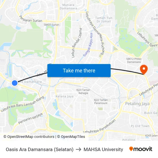 Oasis Ara Damansara (Selatan) to MAHSA University map