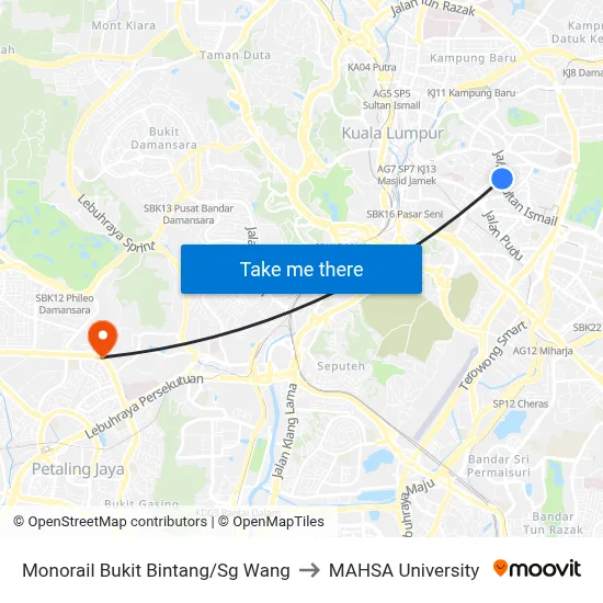 Monorail Bukit Bintang/Sg Wang to MAHSA University map