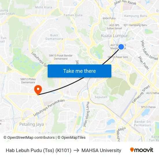 Hab Lebuh Pudu (Tss) (Kl101) to MAHSA University map