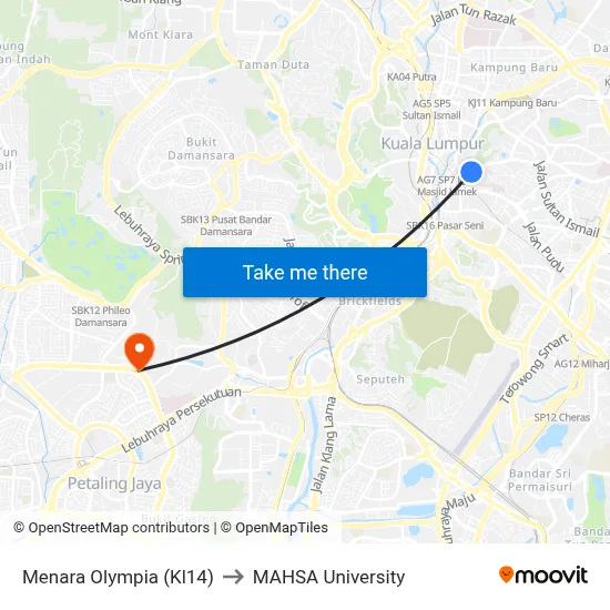 Menara Olympia (Kl14) to MAHSA University map