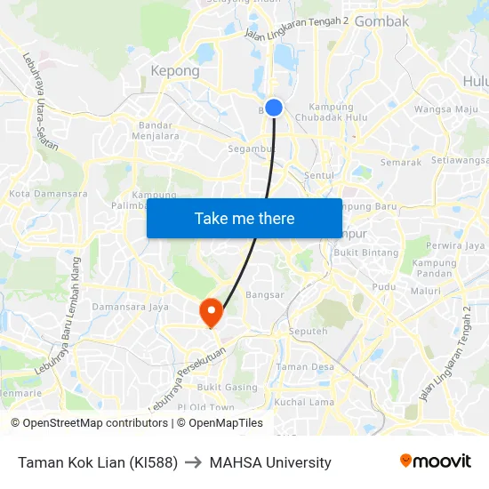Taman Kok Lian (Kl588) to MAHSA University map